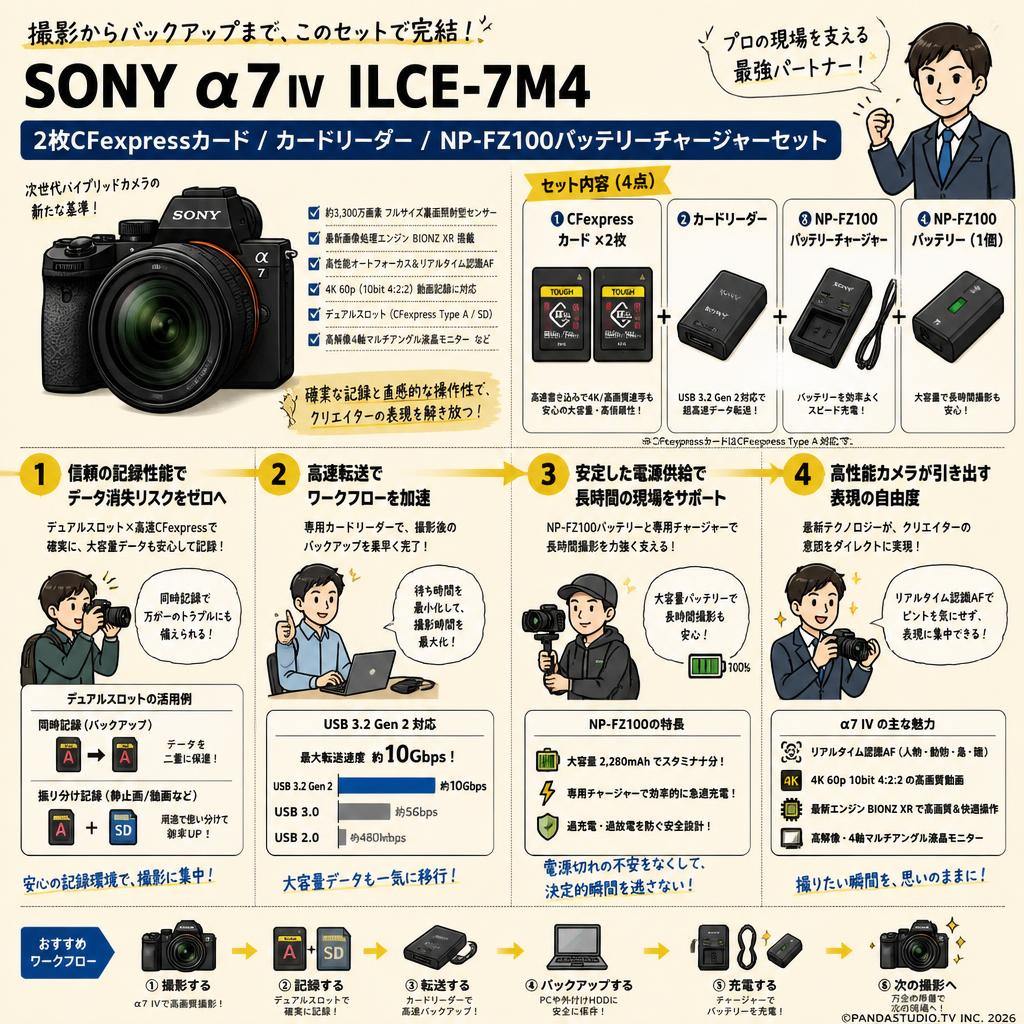 SONY α7 IV ILCE-7M4 / 2枚CFexpress カード / カードリーダー / NP-FZ100バッテリーチャージャーセット 概要