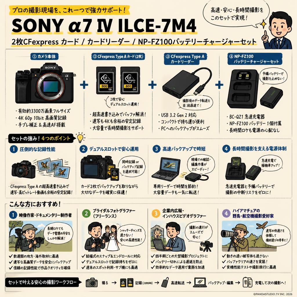 SONY α7 IV ILCE-7M4 / 2枚CFexpress カード / カードリーダー / NP-FZ100バッテリーチャージャーセット おもな対象のお客様