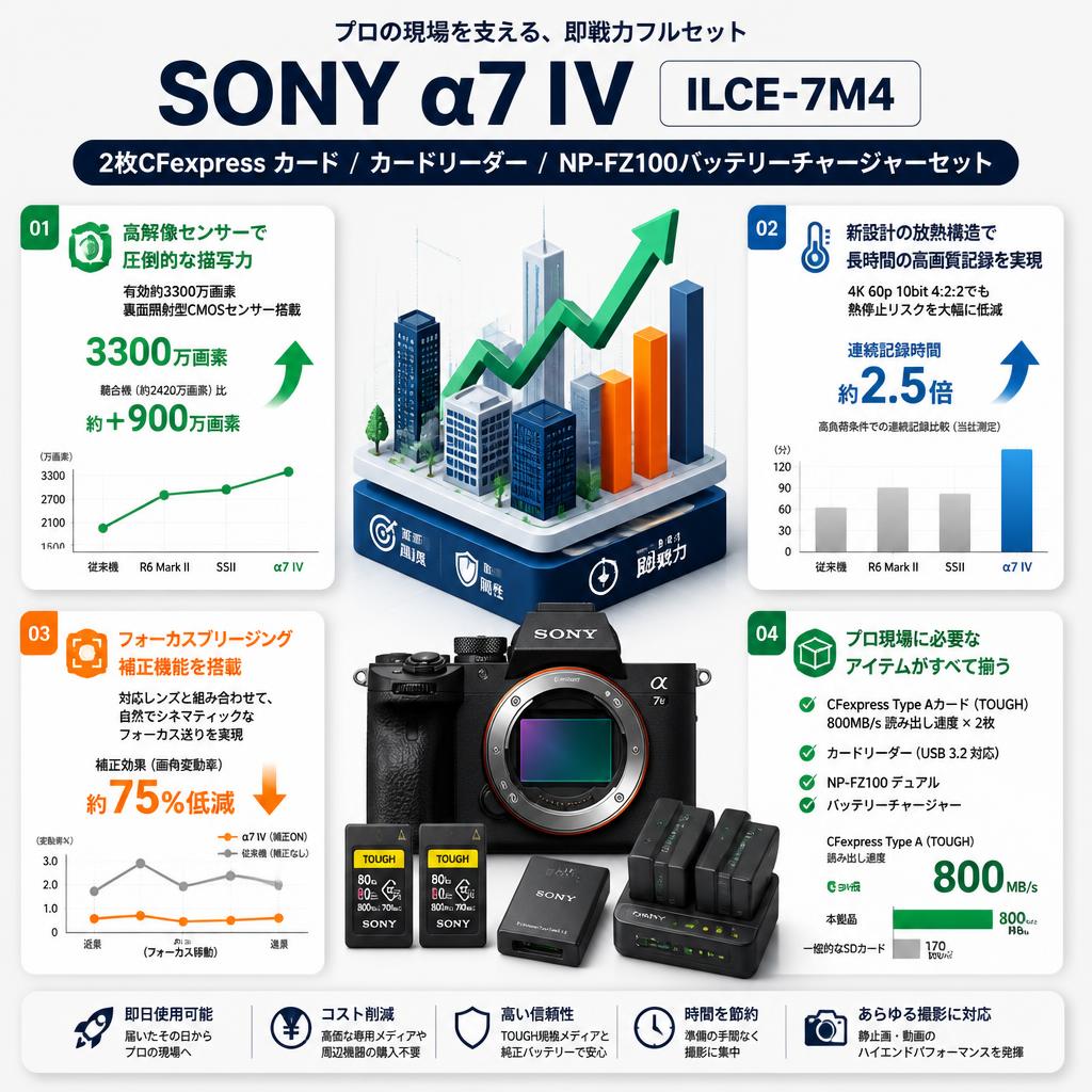 SONY α7 IV ILCE-7M4 / 2枚CFexpress カード / カードリーダー / NP-FZ100バッテリーチャージャーセット セールスポイント