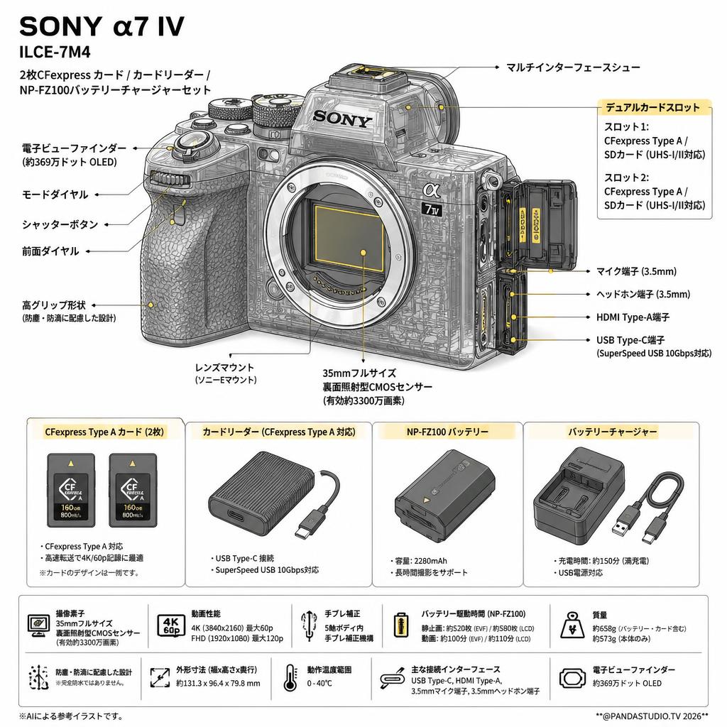 SONY α7 IV ILCE-7M4 / 2枚CFexpress カード / カードリーダー / NP-FZ100バッテリーチャージャーセット スペック
