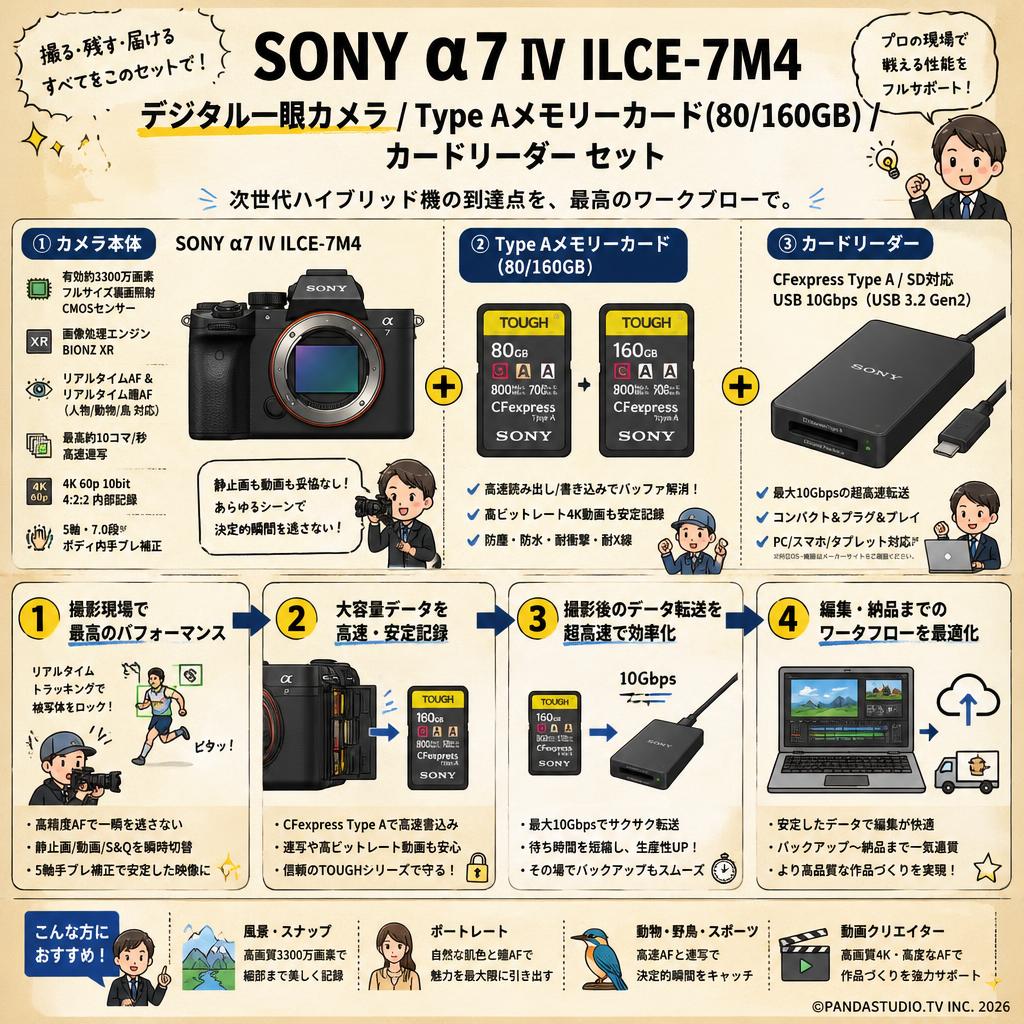 SONY α7 IV ILCE-7M4 デジタル一眼カメラ / Type Aメモリーカード(80/160GB) / カードリーダー セット 概要