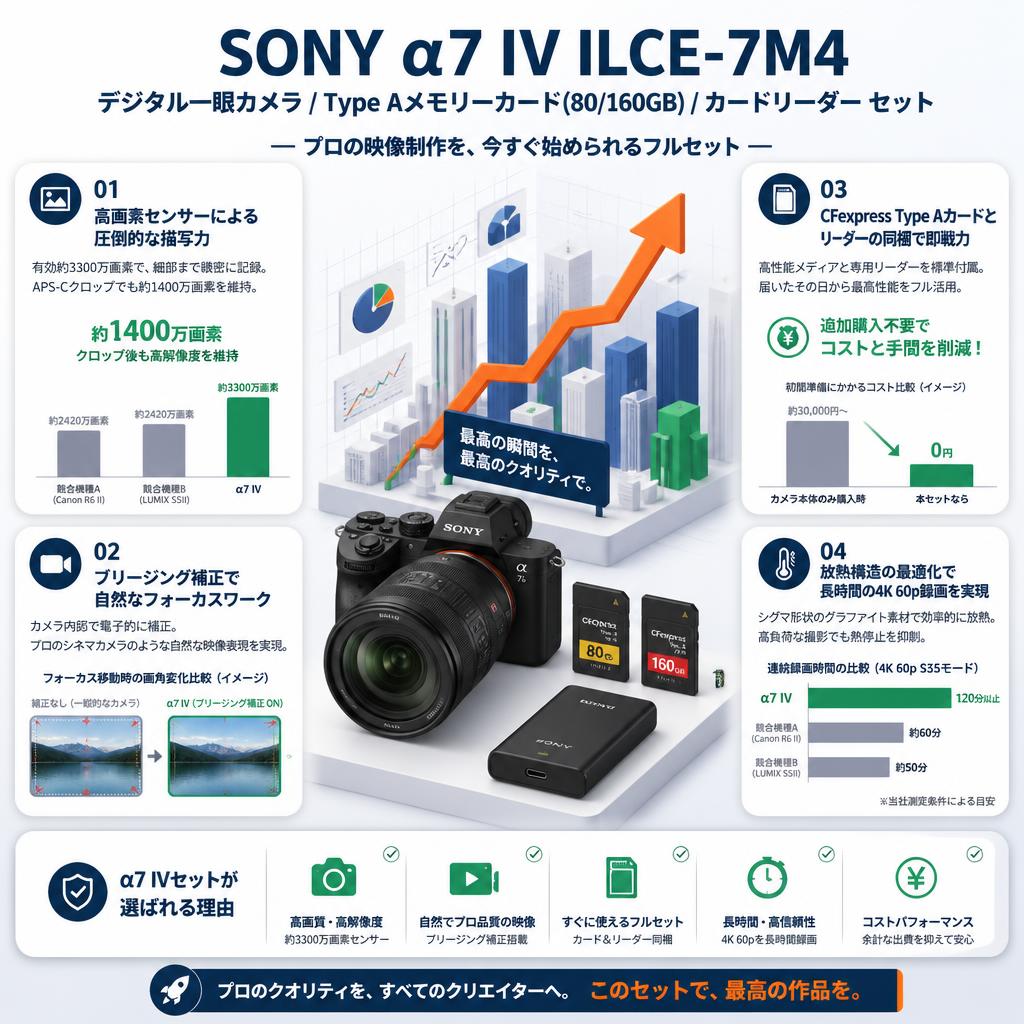 SONY α7 IV ILCE-7M4 デジタル一眼カメラ / Type Aメモリーカード(80/160GB) / カードリーダー セット セールスポイント