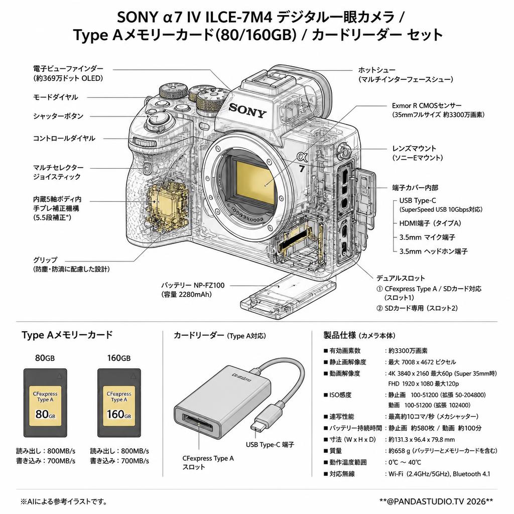 SONY α7 IV ILCE-7M4 デジタル一眼カメラ / Type Aメモリーカード(80/160GB) / カードリーダー セット スペック