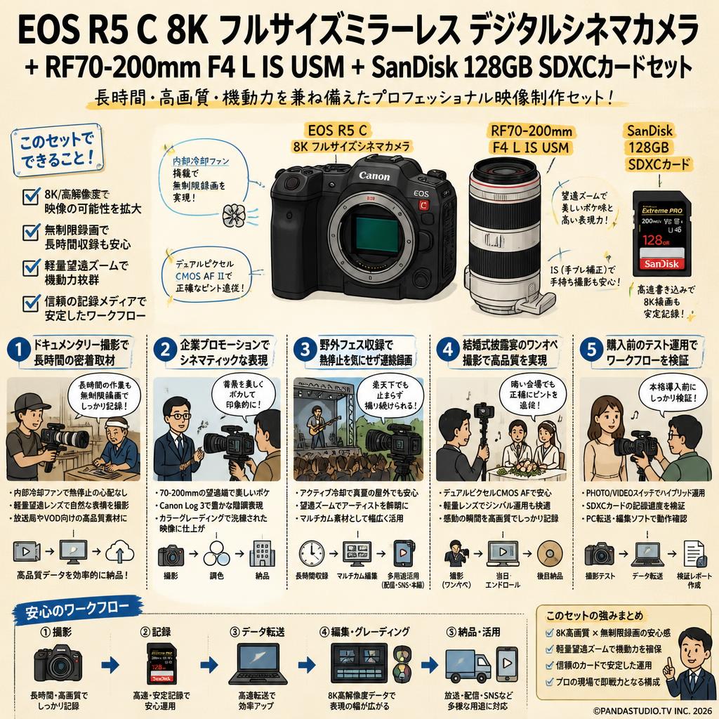 EOS R5 C 8k フルサイズミラーレス デジタルシネマカメラ+ RF70-200mm F4 L IS USM + SanDisk 128GB SDXCカードセット 用途