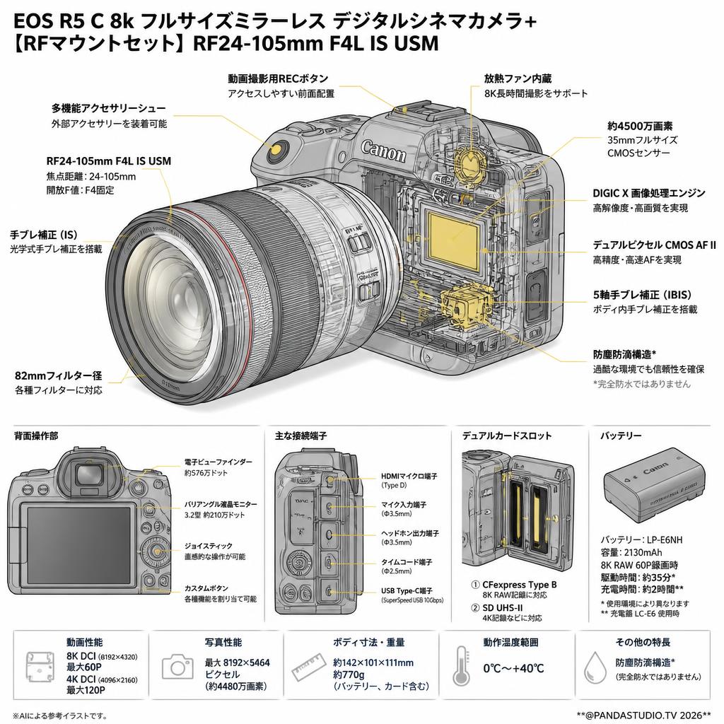 EOS R5 C 8k フルサイズミラーレス デジタルシネマカメラ+ 【RFマウントセット】RF24-105mm F4L IS USM スペック