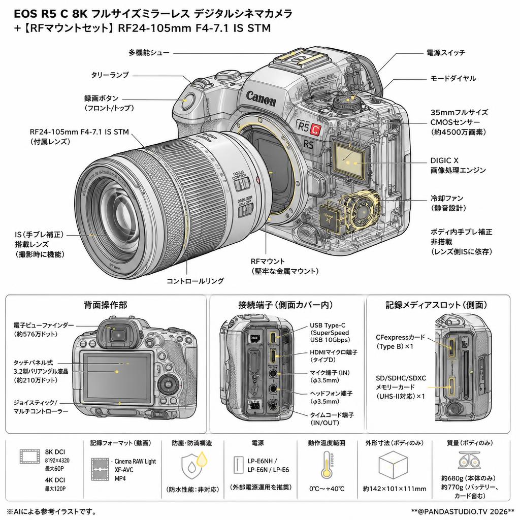 EOS R5 C 8k フルサイズミラーレス デジタルシネマカメラ+【RFマウントセット】RF24-105mm F4-7.1 IS STM スペック