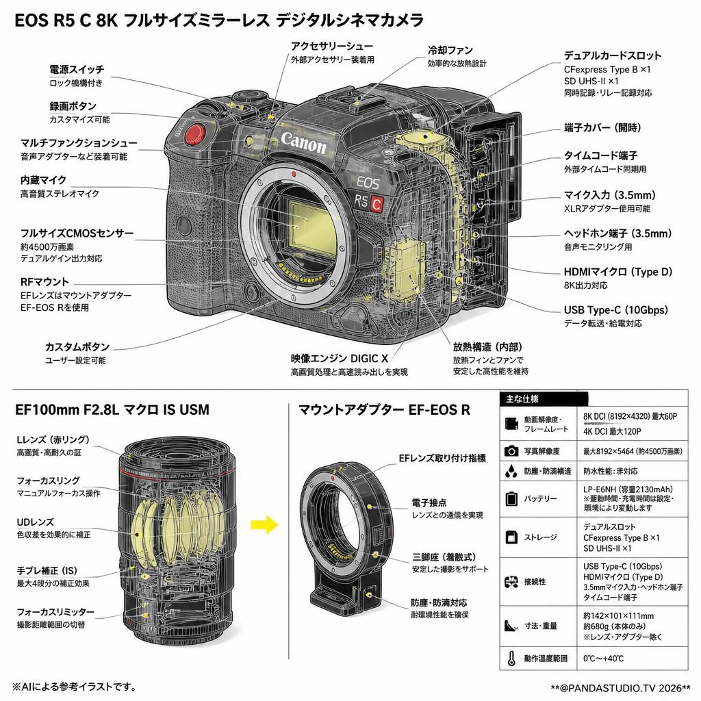 EOS R5 C 8k フルサイズミラーレス デジタルシネマカ＋【 EFマウントセット】【EF100mm F2.8L マクロ IS USM＋マウントアダプター EF-EOS R】 スペック