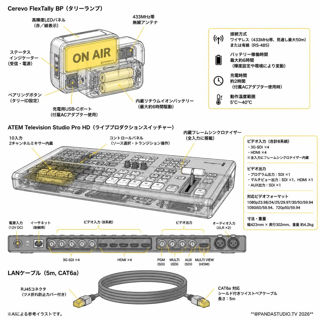 Cerevo FlexTally BP+ATEM Television Studio Pro HD＋LANケーブル 5m CAT6a スペック