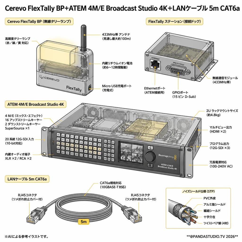Cerevo FlexTally BP+ATEM 4M/E Broadcast Studio 4K＋LANケーブル 5m CAT6a スペック