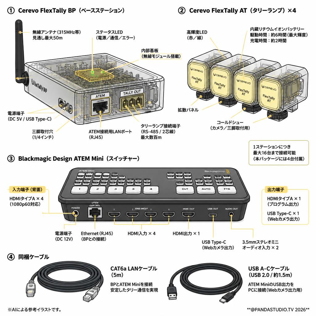 Cerevo FlexTally BP+ATEM Mini＋LANケーブル 5m CAT6a （USB A-C ケーブル付属） スペック