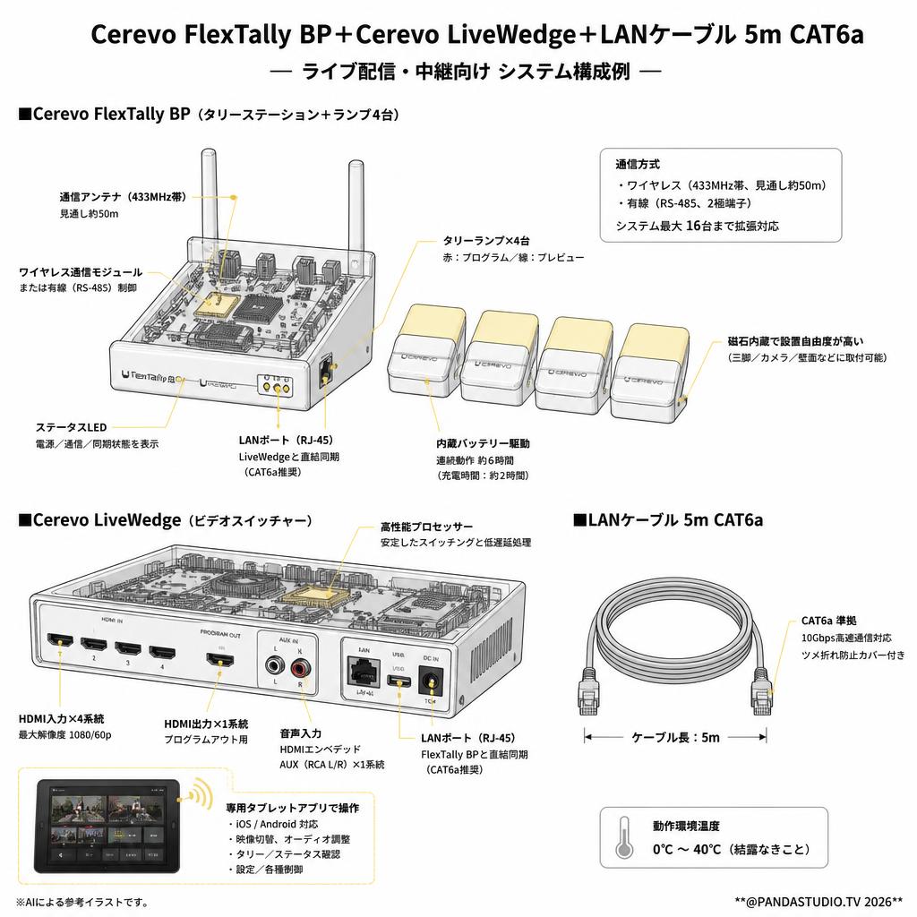 Cerevo FlexTally BP+Cerevo LiveWedge＋LANケーブル 5m CAT6a スペック