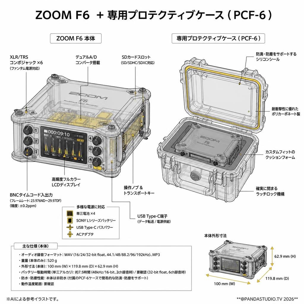 ZOOM F6  + 専用プロテクティブケース ( PCF-6 ) スペック