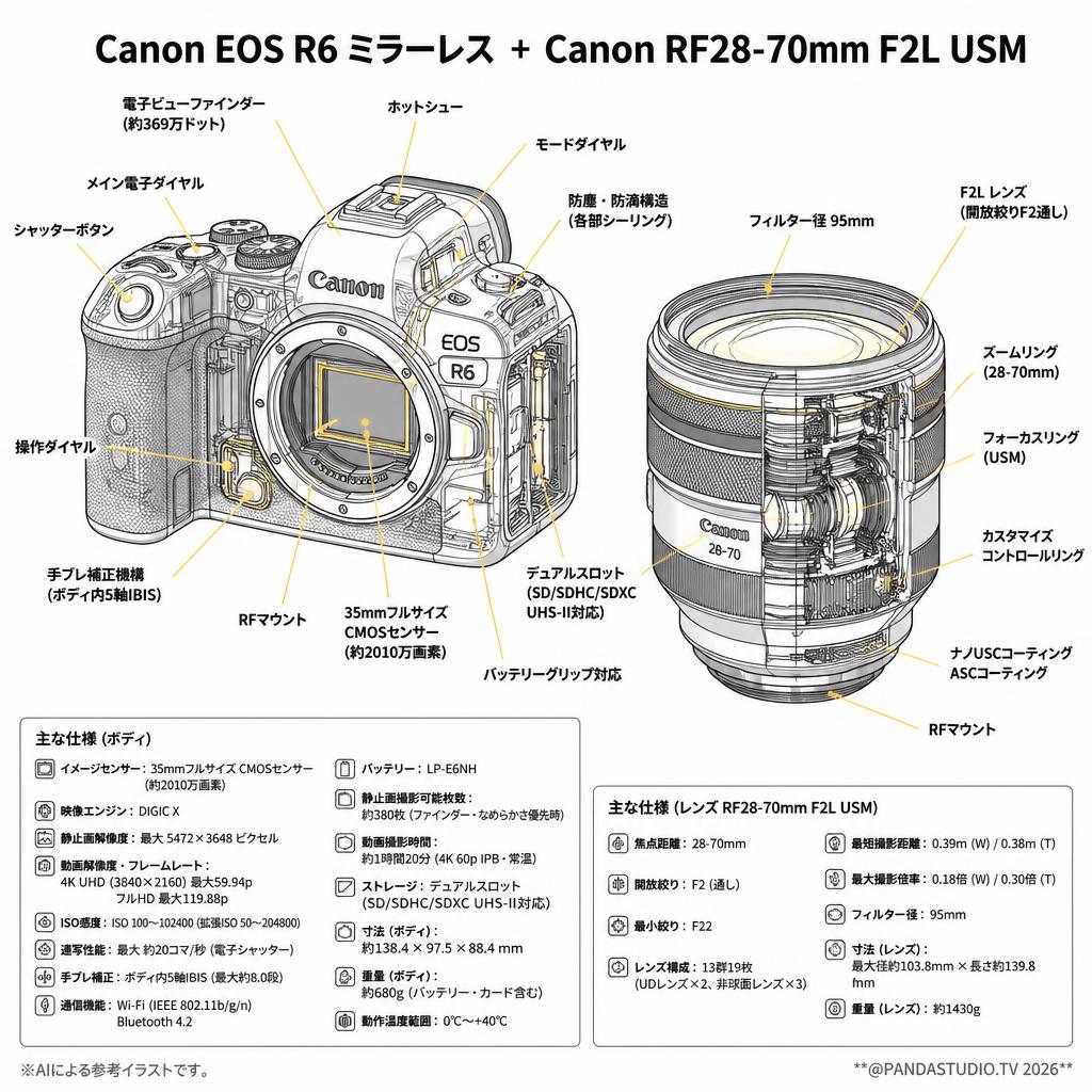 Canon EOS R6 ミラーレス+Canon RF28-70mm F2L USM スペック