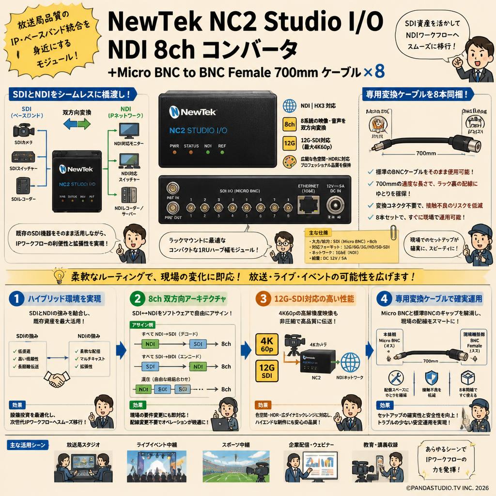 NewTek NC2 Studio I/O NDI 8ch コンバータ+Micro BNC to BNC Female 700mm ケーブル×８ 概要