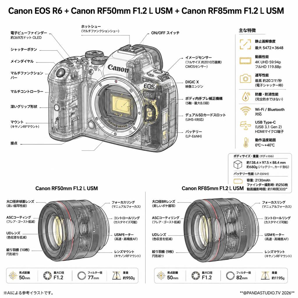 Canon EOS R6 +Canon RF50mm F1.2 L USM +Canon RF85mm F1.2 L USM スペック