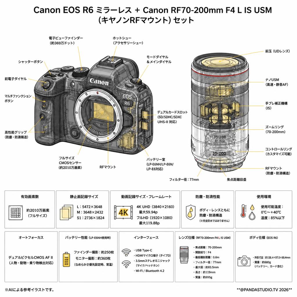 Canon EOS R6 ミラーレス+Canon RF70-200mm F4 L IS USM（キヤノンRFマウント) セット スペック