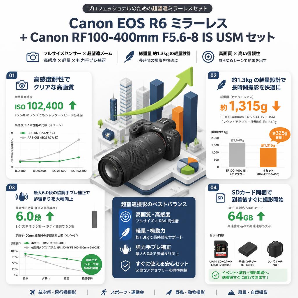 Canon EOS R6 ミラーレス+Canon RF100-400mm F5.6-8 IS USM  (キヤノンRFマウント) セット セールスポイント