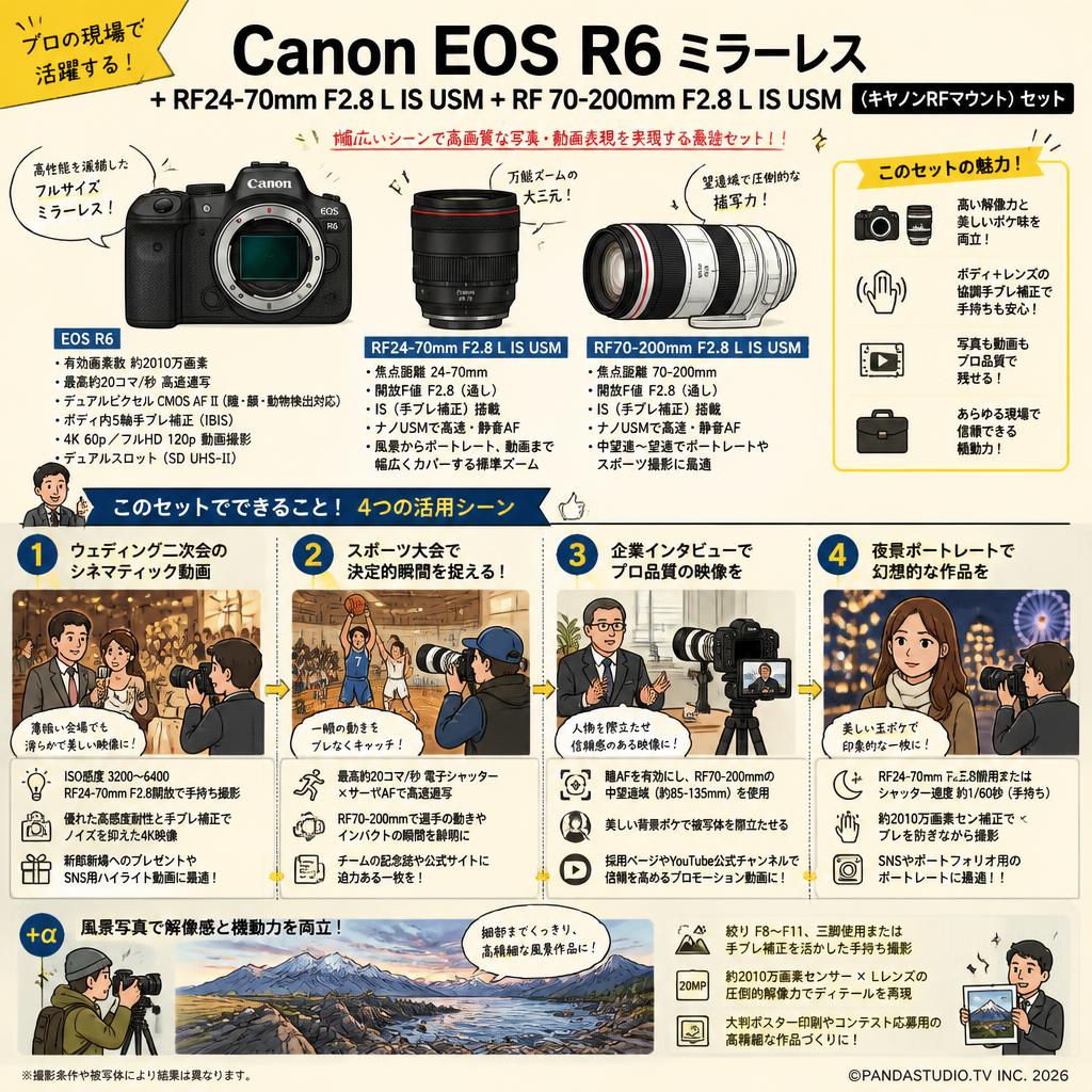 Canon EOS R6 ミラーレス+Canon RF24-70mm F2.8 L IS USM+ Canon RF 70-200mm F2.8 L IS USM (キヤノンRFマウント) セット 用途