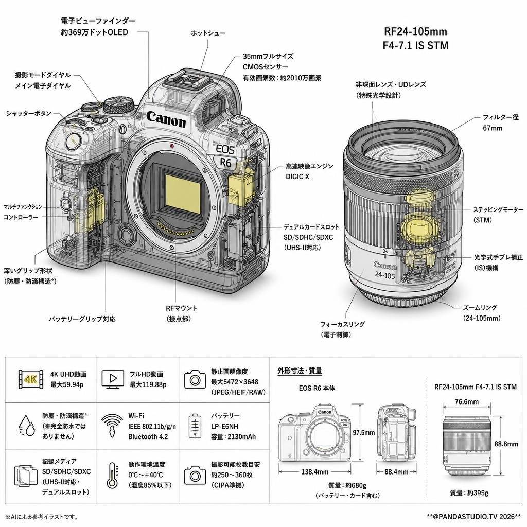 Canon EOS R6 ミラーレス+Canon RF24-105mm F4-7.1 IS STM( キヤノンRFマウント) セット スペック
