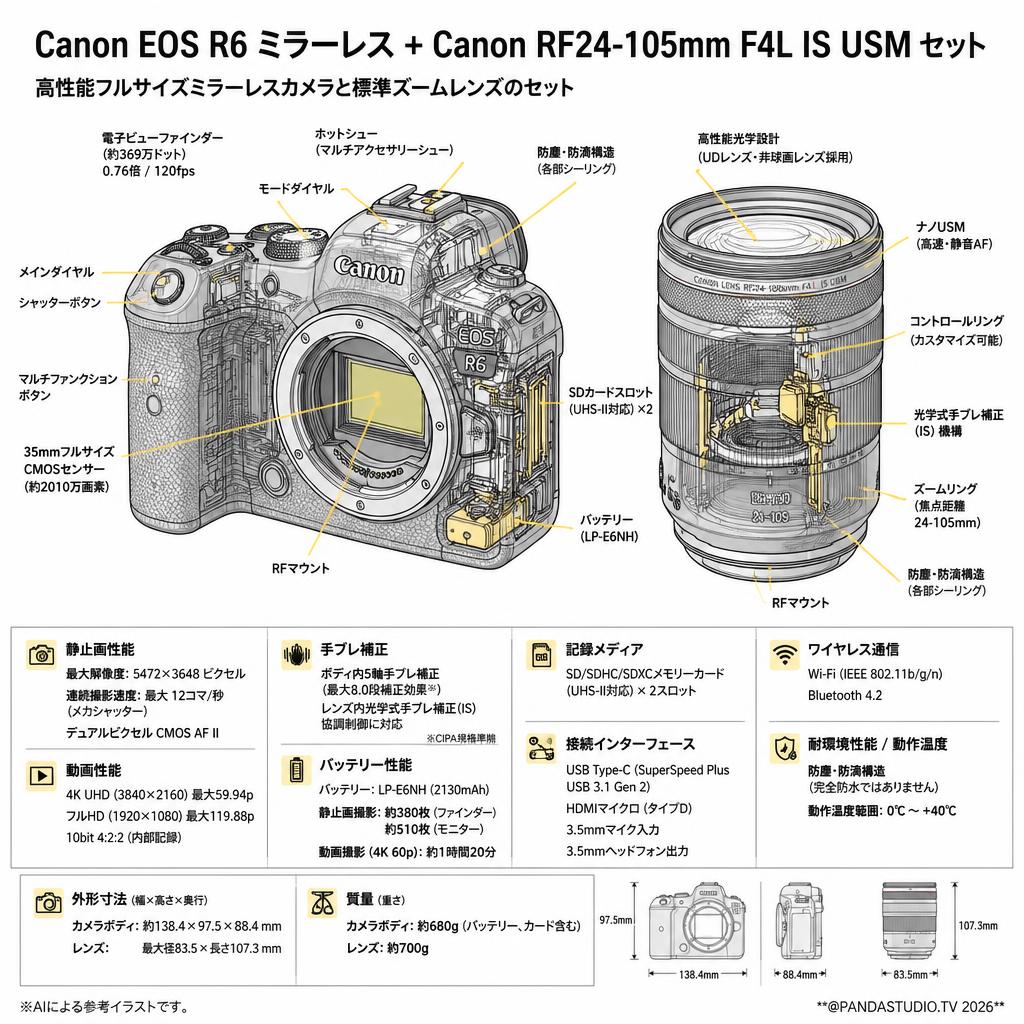 Canon EOS R6 ミラーレス+Canon RF24-105mm F4Ｌ IS USM( キヤノンRFマウント) セット スペック