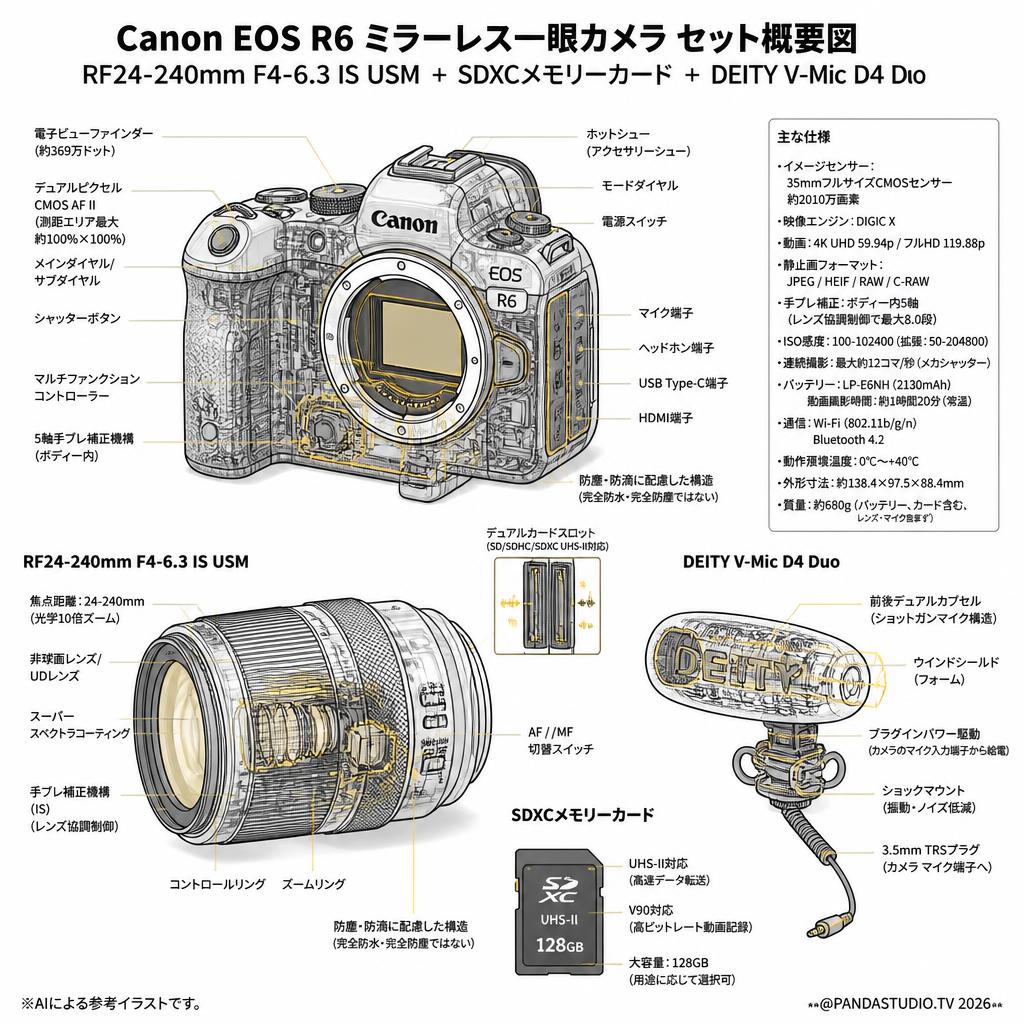 Canon EOS R6 ミラーレス一眼カメラ+RF24-240mm F4-6.3 IS USM +SDXCメモリーカード+DEITY V-Mic D4 Duo セット スペック