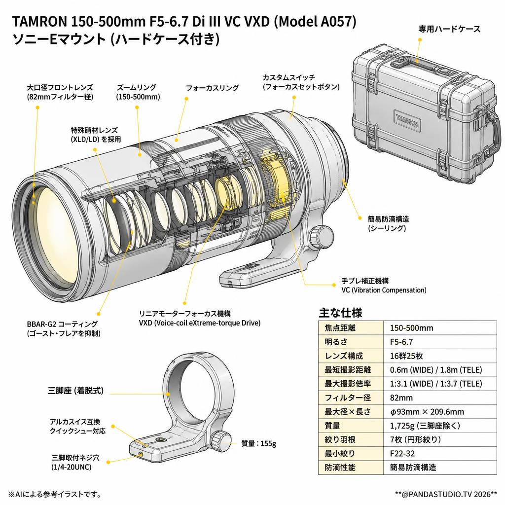 TAMRON 150-500mm F5-6.7 Di III VC VXD (Model A057) ソニーEマウント (ハードケース付き) スペック