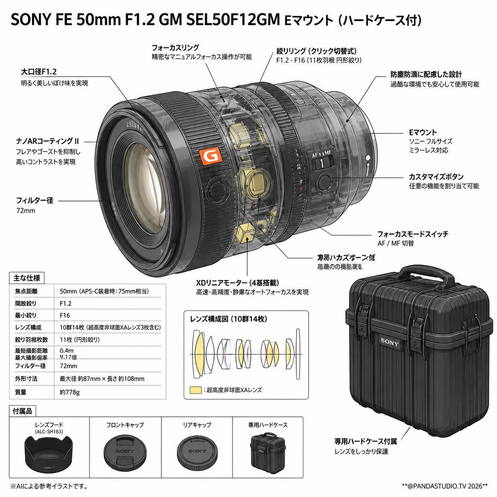 SONY FE 50mm F1.2 GM SEL50F12GM Eマウント(ハードケ－ス付) スペック