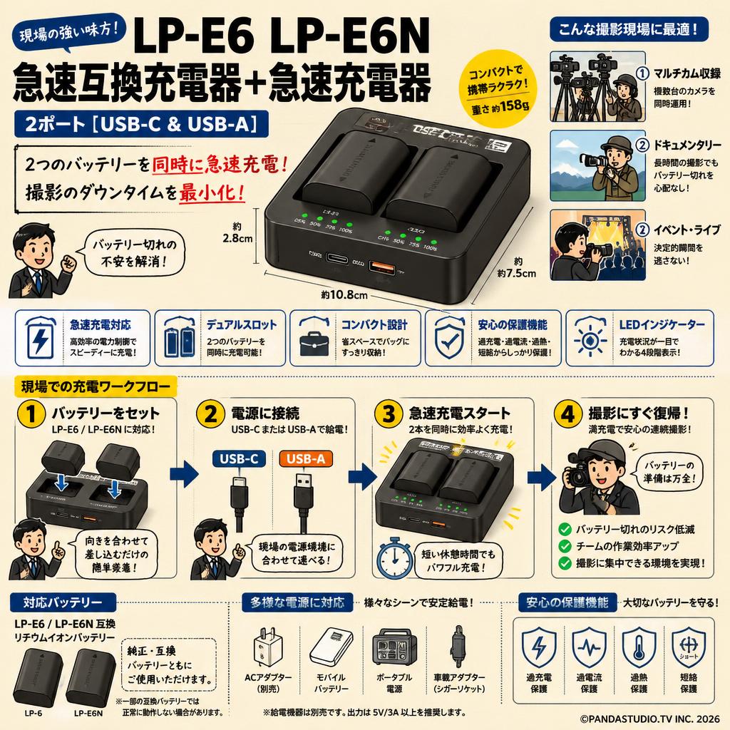 LP-E6 LP-E6N 急速互換充電器+急速充電器 2ポート[ USB-C & USB-A ] 概要