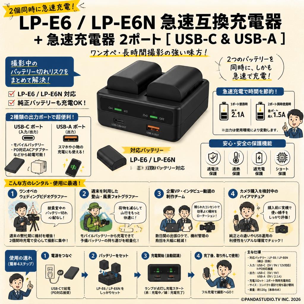 LP-E6 LP-E6N 急速互換充電器+急速充電器 2ポート[ USB-C & USB-A ] おもな対象のお客様