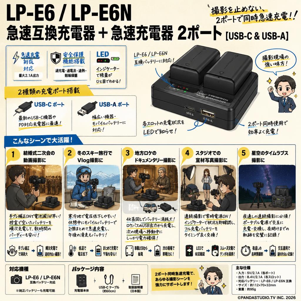 LP-E6 LP-E6N 急速互換充電器+急速充電器 2ポート[ USB-C & USB-A ] 用途