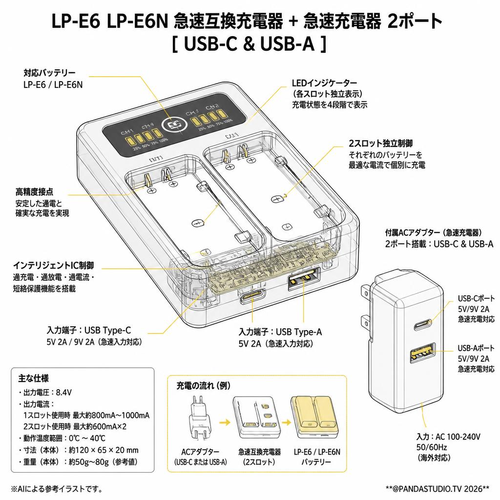 LP-E6 LP-E6N 急速互換充電器+急速充電器 2ポート[ USB-C & USB-A ] スペック