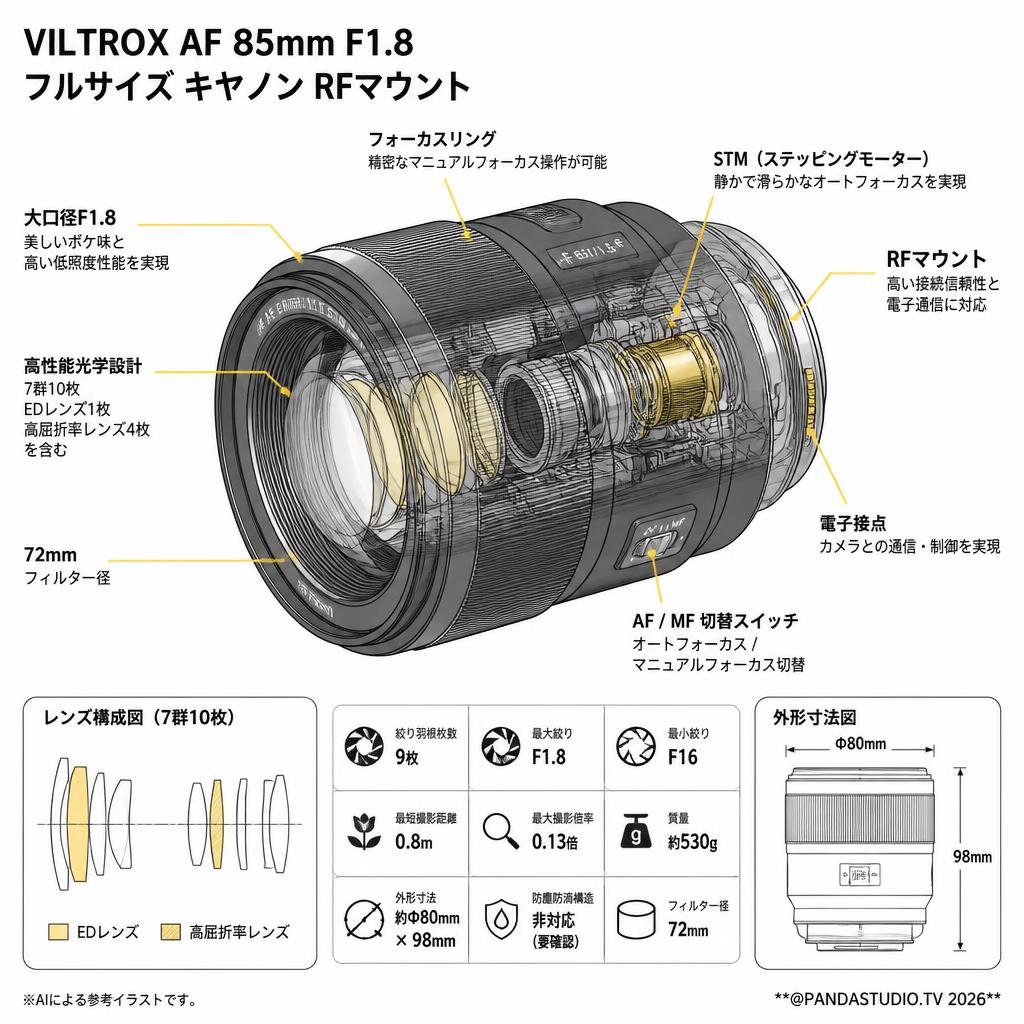 VILTROX AF 85mm F1.8 フルサイズ キヤノン RFマウント スペック