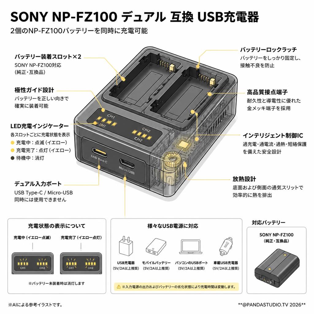 SONY NP-FZ100 デュアル 互換 USB充電器 スペック