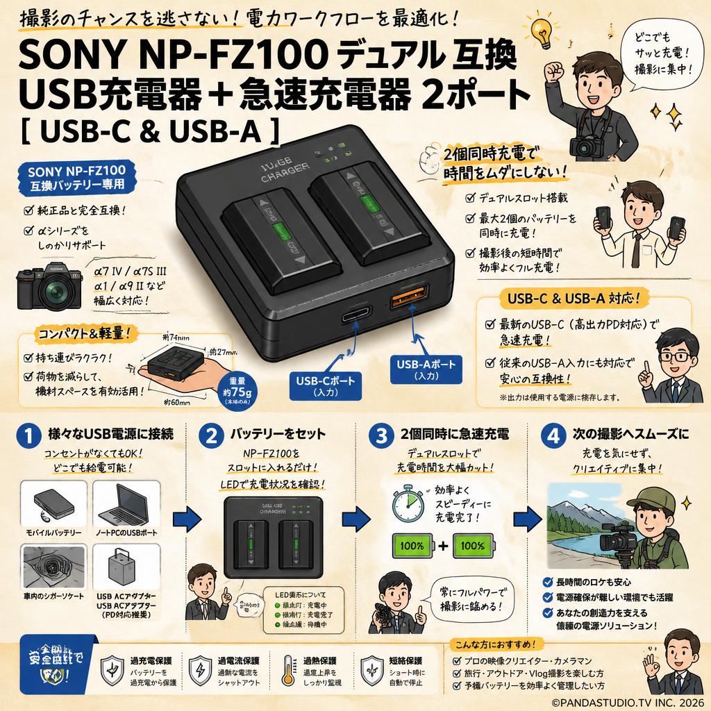 SONY NP-FZ100 デュアル 互換 USB充電器+急速充電器 2ポート [ USB-C & USB-A ] 概要