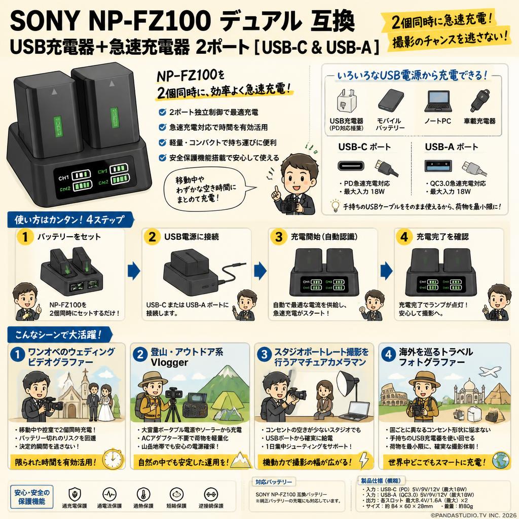 SONY NP-FZ100 デュアル 互換 USB充電器+急速充電器 2ポート [ USB-C & USB-A ] おもな対象のお客様