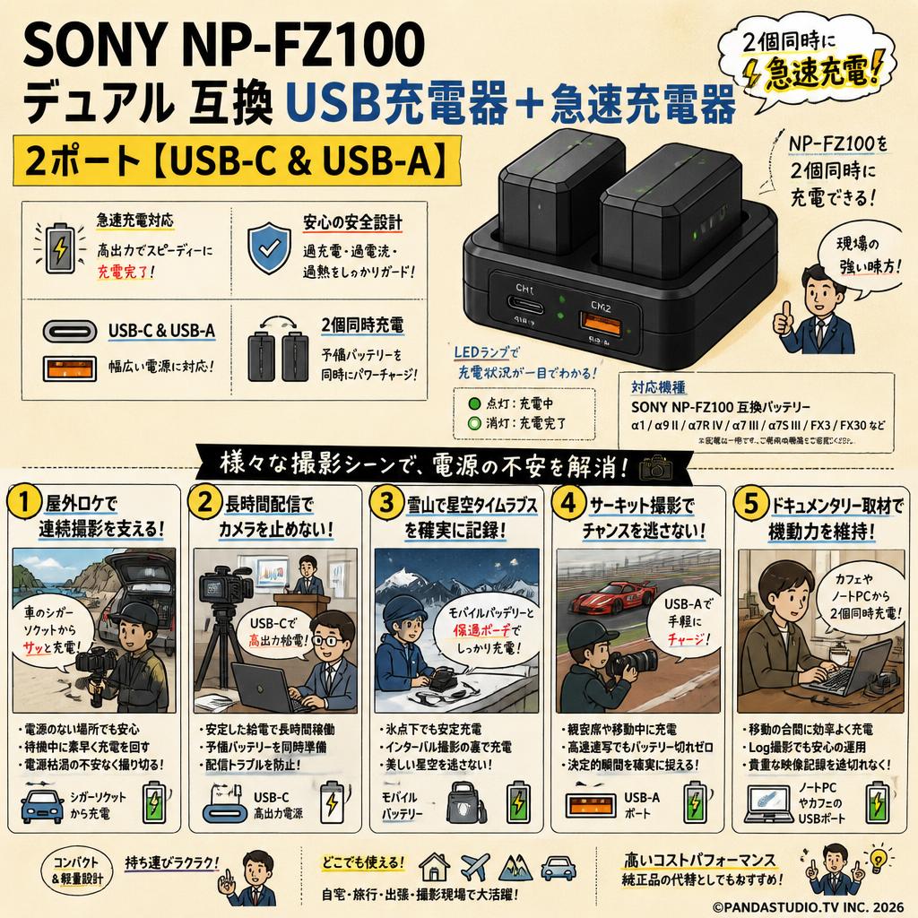 SONY NP-FZ100 デュアル 互換 USB充電器+急速充電器 2ポート [ USB-C & USB-A ] 用途