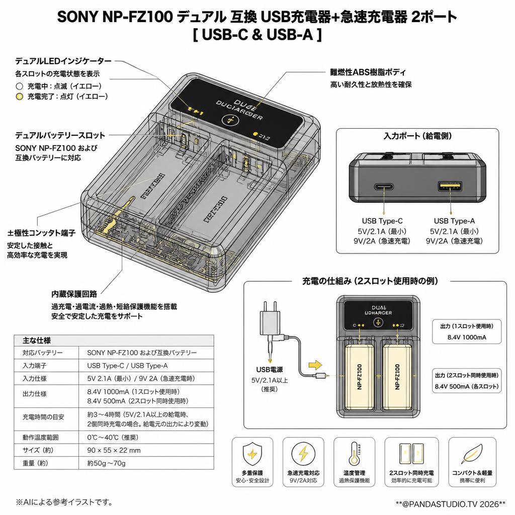 SONY NP-FZ100 デュアル 互換 USB充電器+急速充電器 2ポート [ USB-C & USB-A ] スペック