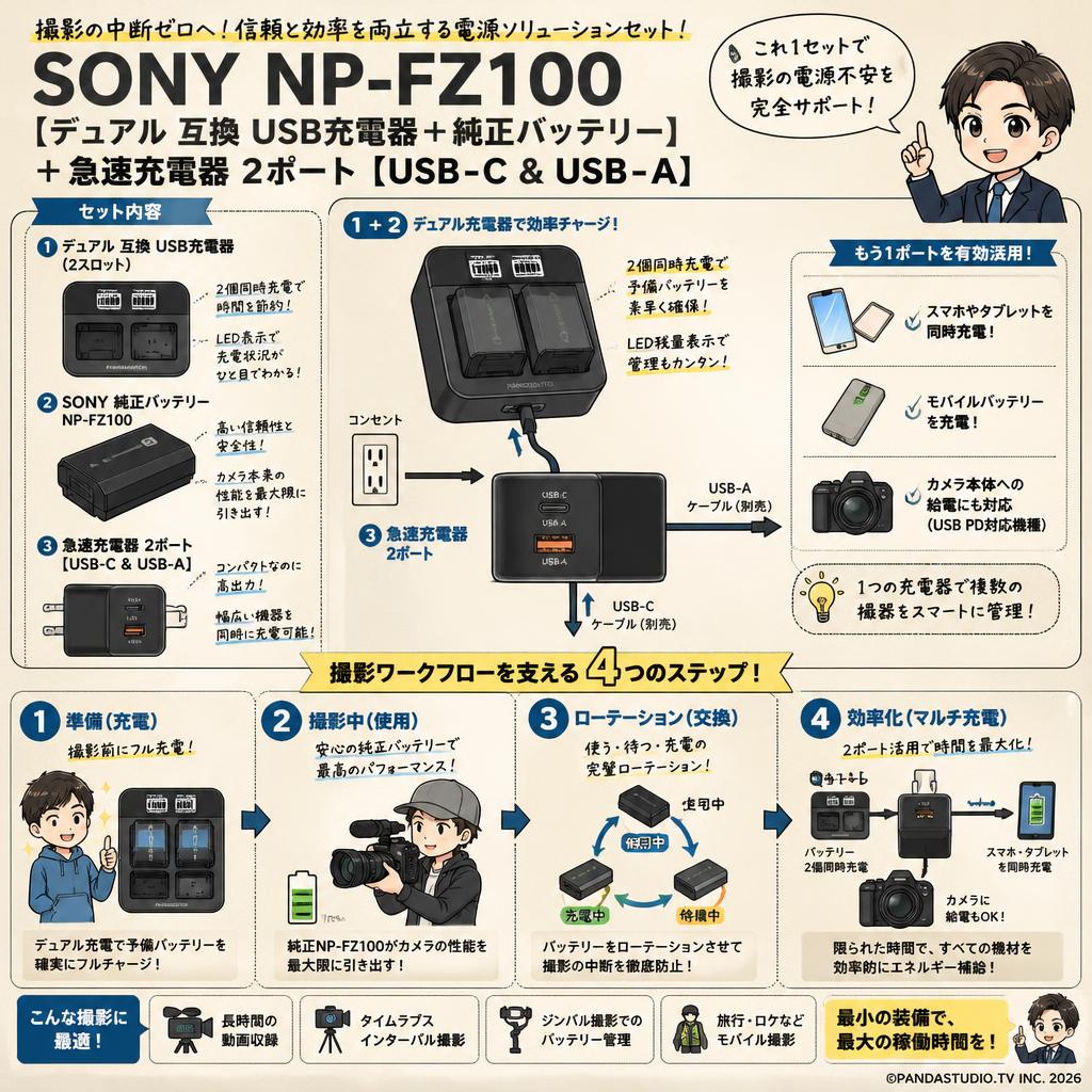 SONY NP-FZ100【 デュアル 互換 USB充電器+ 純正バッテリー】+急速充電器 2ポート [ USB-C & USB-A ] 概要