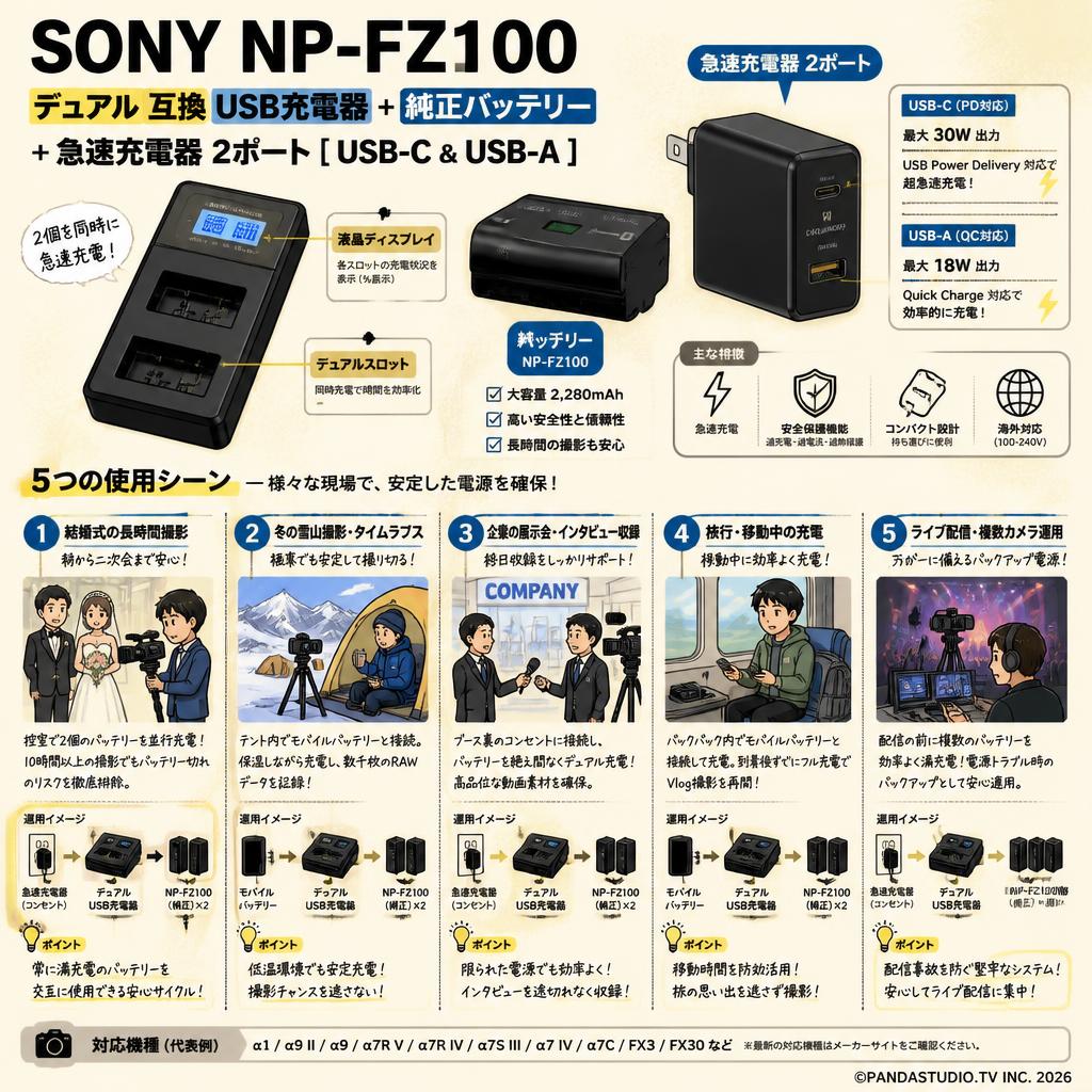 SONY NP-FZ100【 デュアル 互換 USB充電器+ 純正バッテリー】+急速充電器 2ポート [ USB-C & USB-A ] 用途
