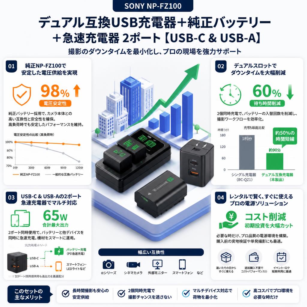 SONY NP-FZ100【 デュアル 互換 USB充電器+ 純正バッテリー】+急速充電器 2ポート [ USB-C & USB-A ] セールスポイント