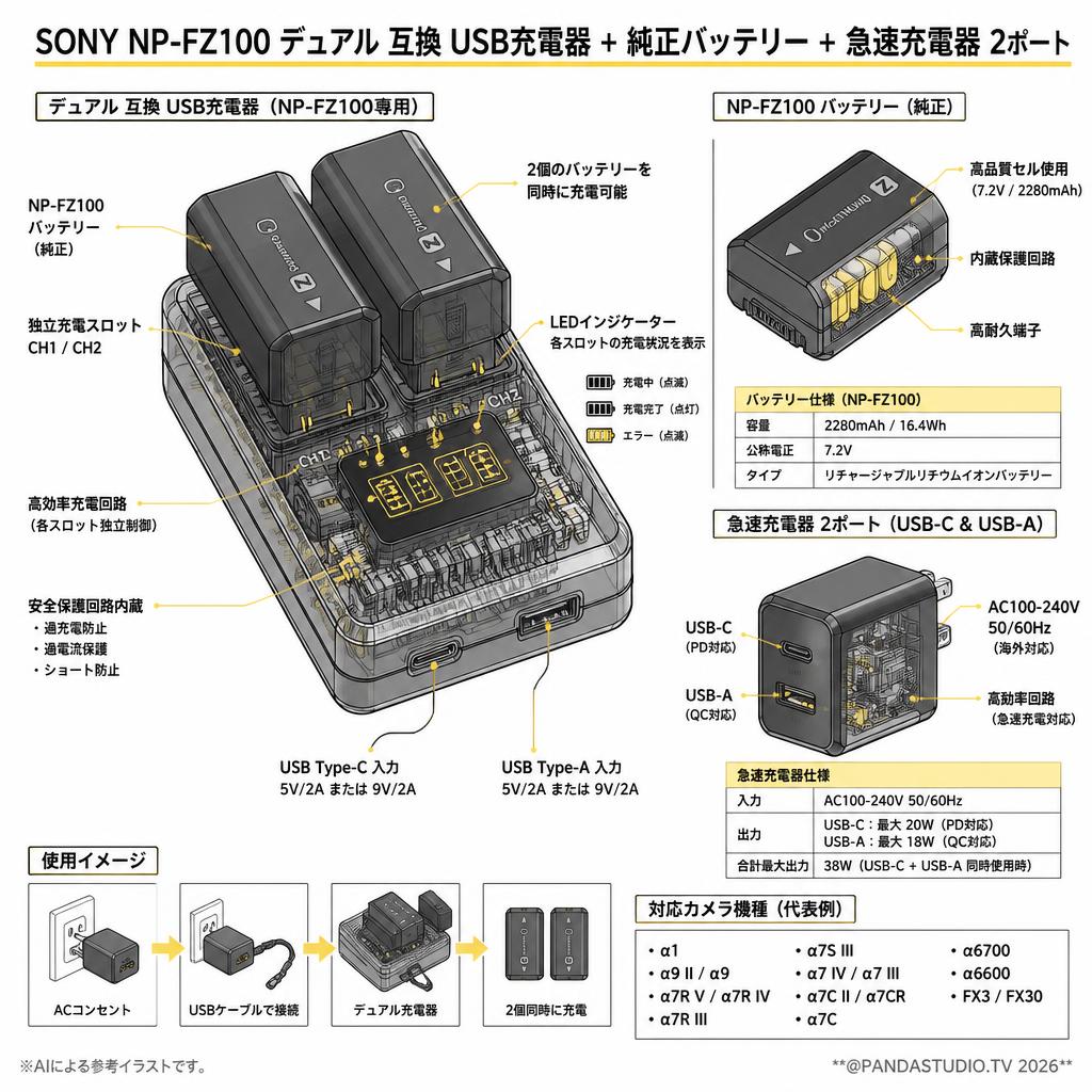 SONY NP-FZ100【 デュアル 互換 USB充電器+ 純正バッテリー】+急速充電器 2ポート [ USB-C & USB-A ] スペック