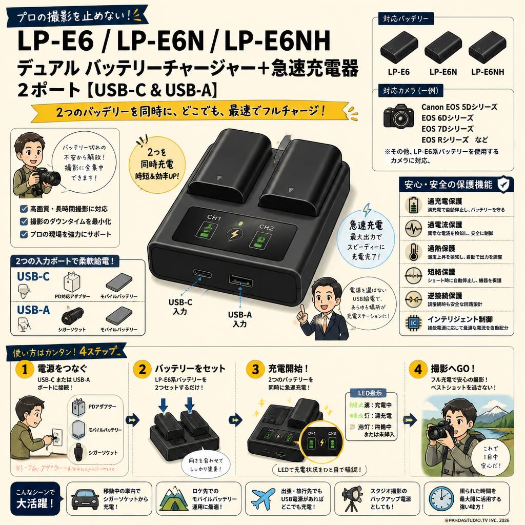 LP-E6 LP-E6N LP-E6NH デュアル バッテリーチャージャー+急速充電器 2ポート [ USB-C & USB-A ] 概要