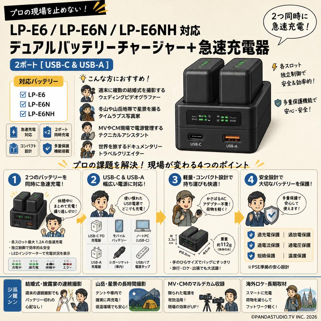 LP-E6 LP-E6N LP-E6NH デュアル バッテリーチャージャー+急速充電器 2ポート [ USB-C & USB-A ] おもな対象のお客様