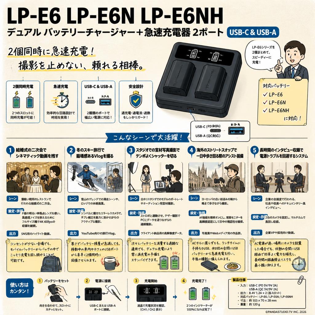 LP-E6 LP-E6N LP-E6NH デュアル バッテリーチャージャー+急速充電器 2ポート [ USB-C & USB-A ] 用途