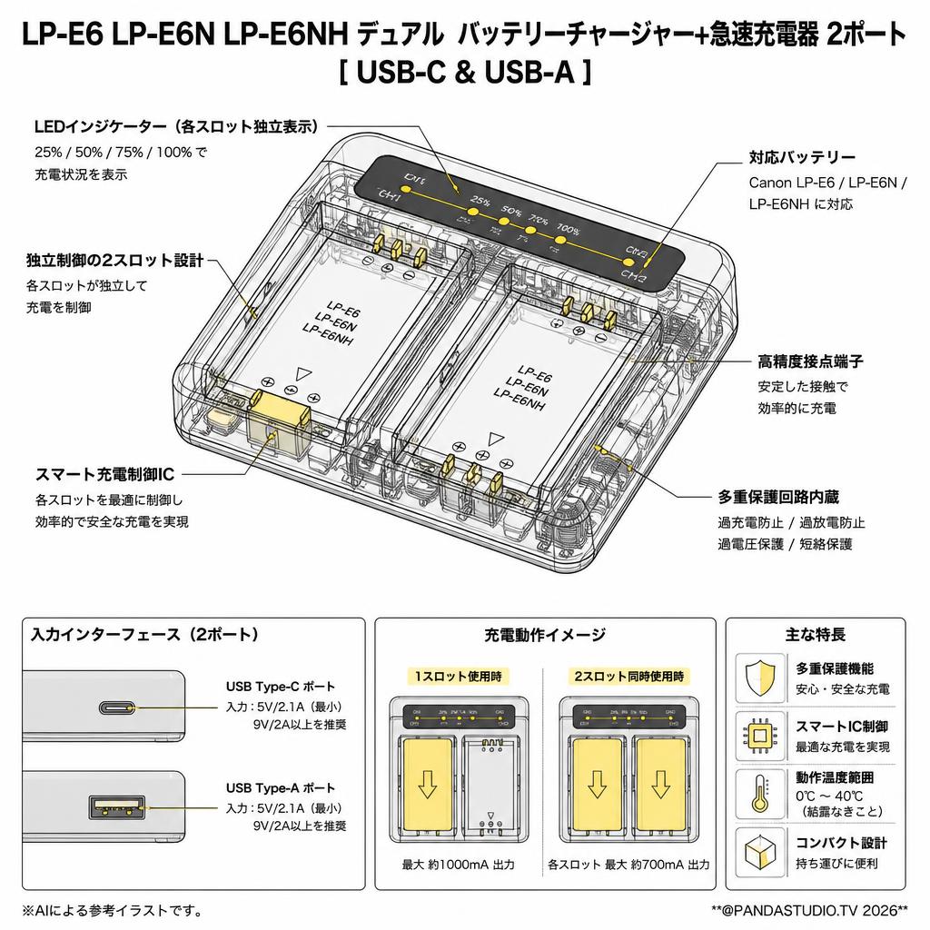 LP-E6 LP-E6N LP-E6NH デュアル バッテリーチャージャー+急速充電器 2ポート [ USB-C & USB-A ] スペック
