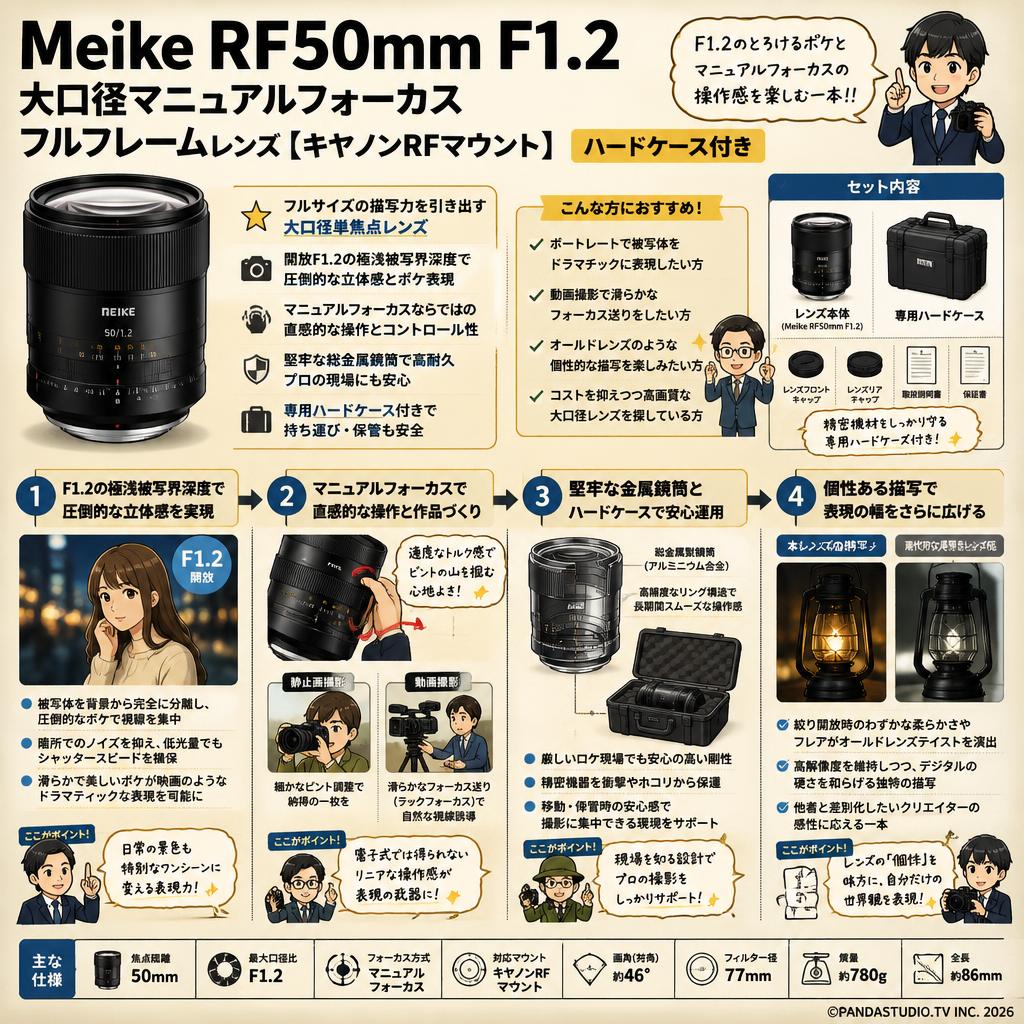 Meike RF50mm F1.2 大口径マニュアルフォーカスフルフレームレンズ【キヤノンRFマウント】ハードケース付き 概要