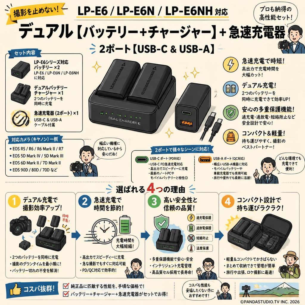 LP-E6 LP-E6N LP-E6NH デュアル【バッテリー+チャージャー】+急速充電器 2ポート [ USB-C & USB-A ] 概要