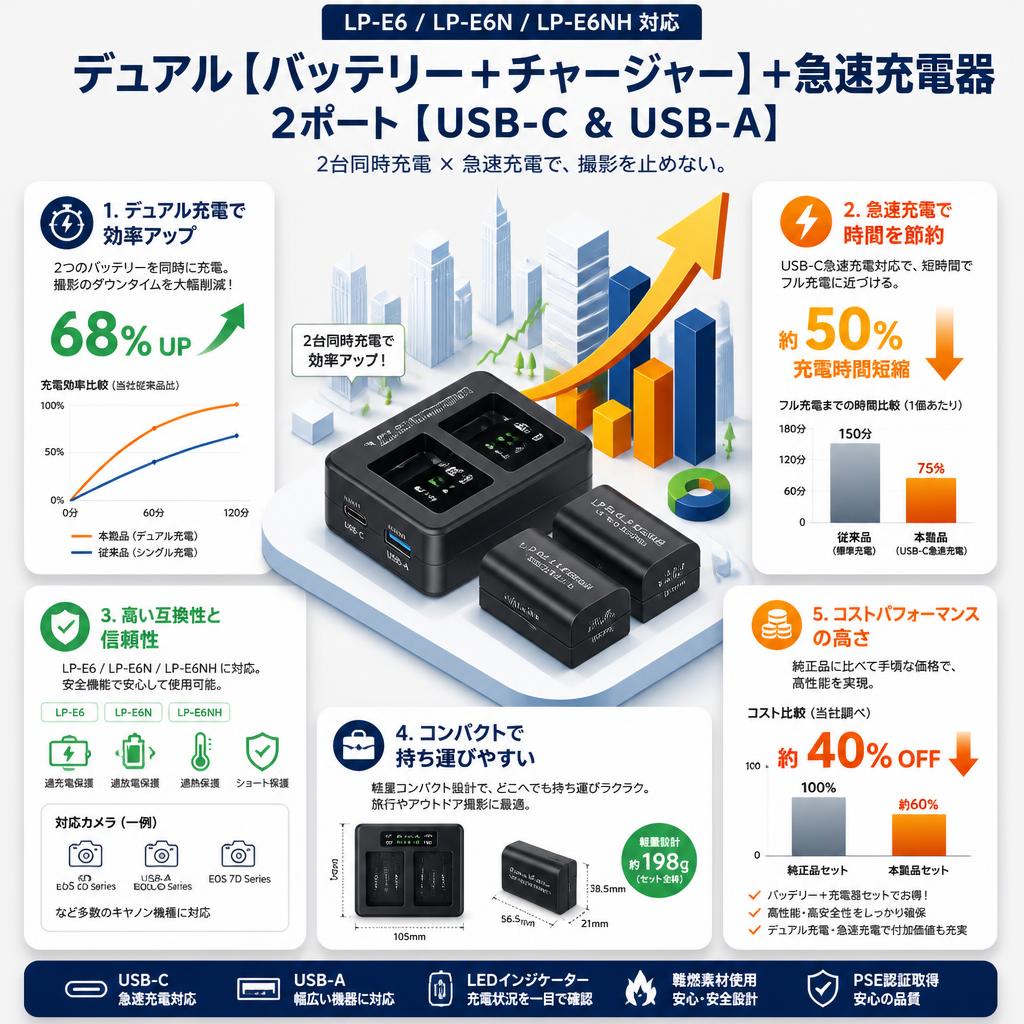 LP-E6 LP-E6N LP-E6NH デュアル【バッテリー+チャージャー】+急速充電器 2ポート [ USB-C & USB-A ] セールスポイント