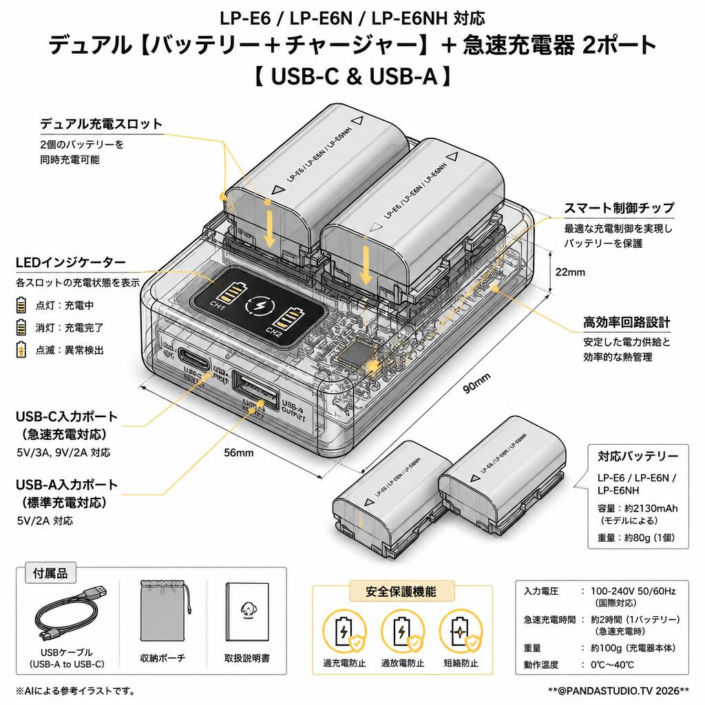 LP-E6 LP-E6N LP-E6NH デュアル【バッテリー+チャージャー】+急速充電器 2ポート [ USB-C & USB-A ] スペック