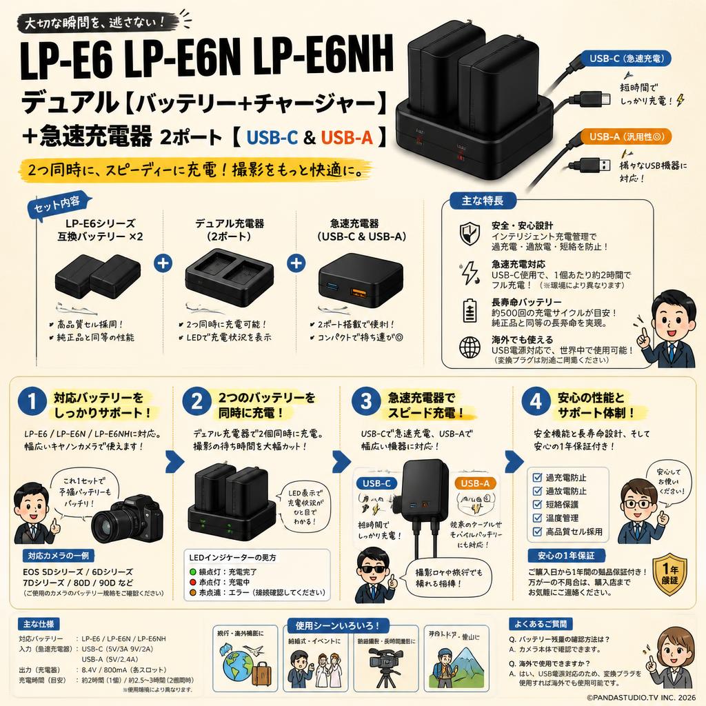 LP-E6 LP-E6N LP-E6NH デュアル【バッテリー+チャージャー】+急速充電器 2ポート [ USB-C & USB-A ] FAQ（よくある質問と答え）